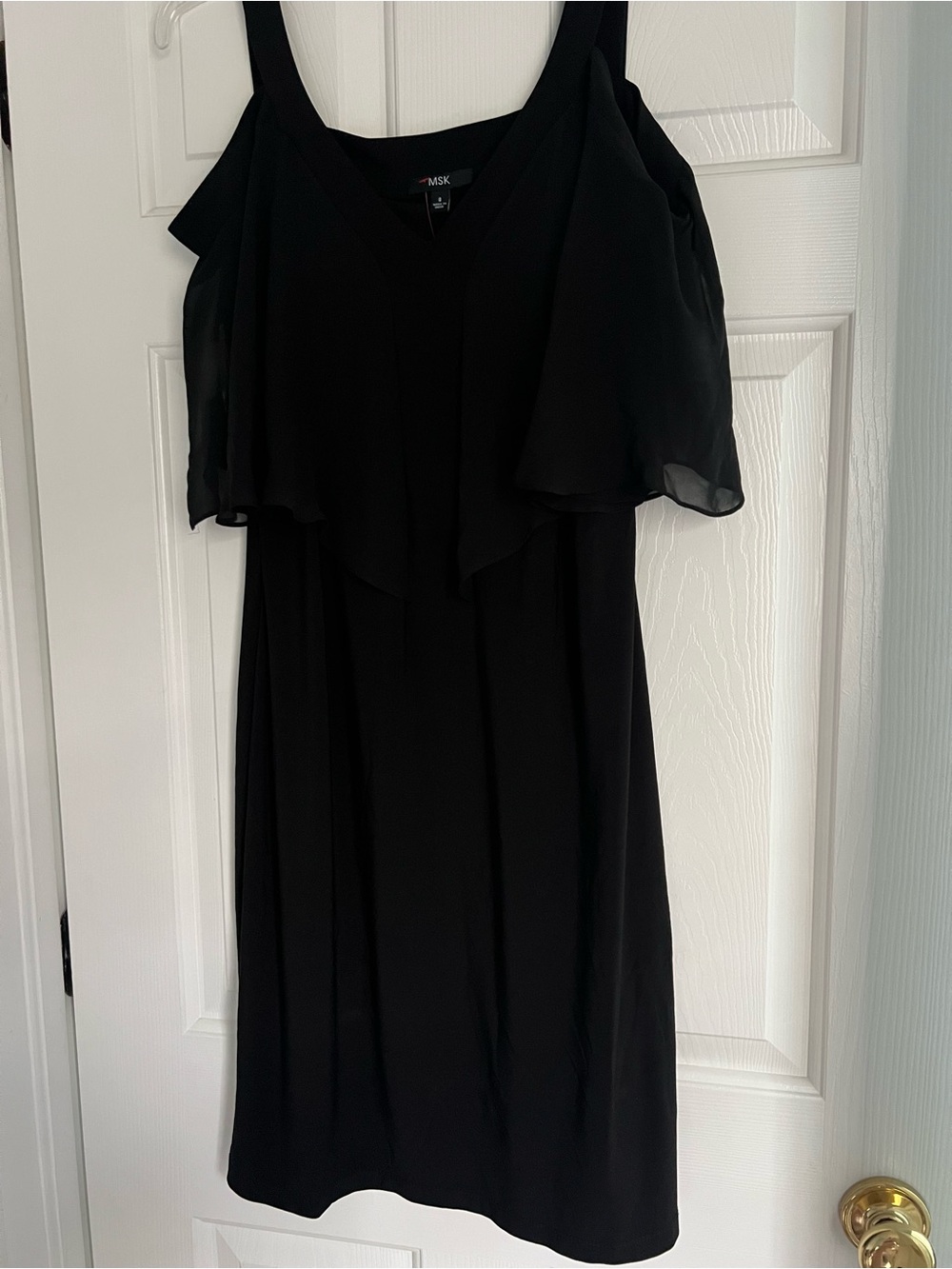MSK Black Chiffon Overlay Cocktail Dress Size 8 Cold Shoulder Flutter Sleeve